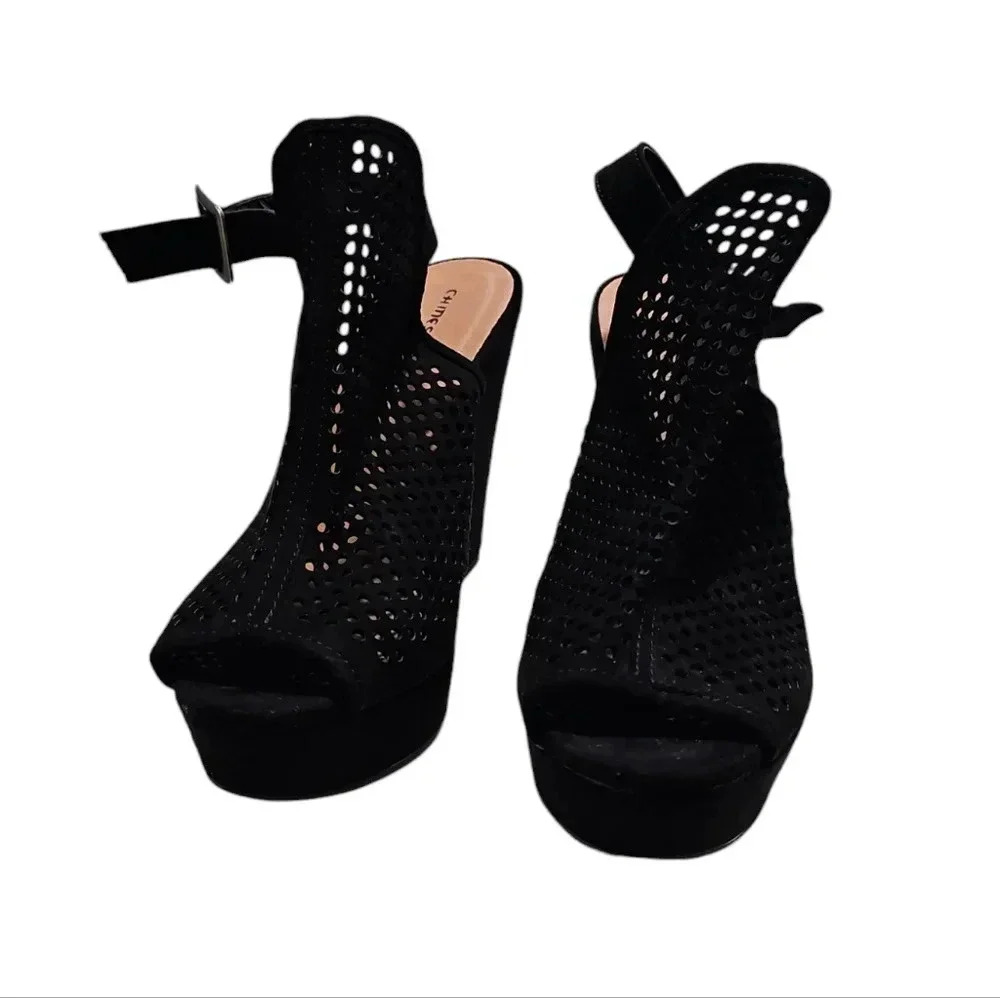 Chinese Laundry Black Peep Toe Wedge Sandals Perforated Slingback Size 8 Y2K 90s - Picture 3 of 7